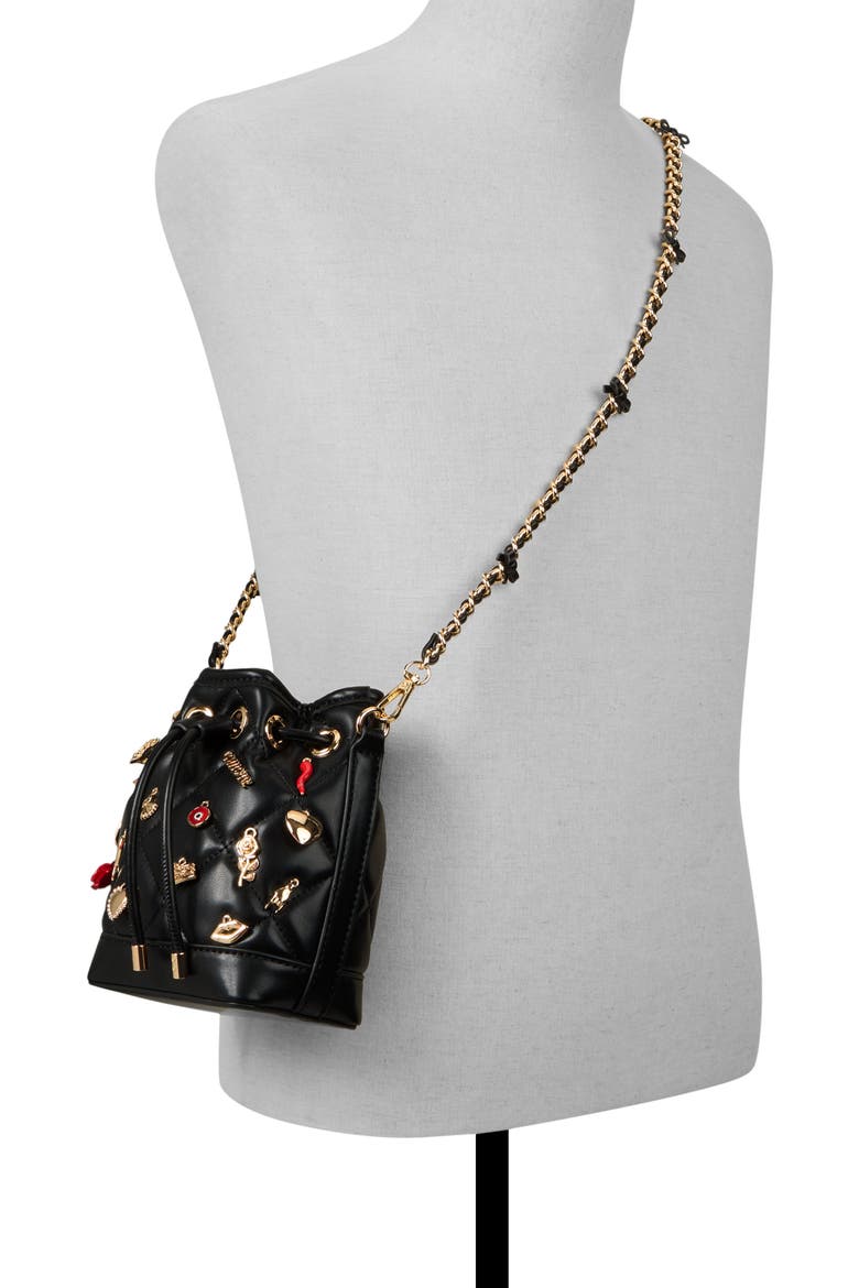 black quilted faux leather bucket backpack Restyle Clothing - Sanctum and an adjustable toggle fastening Designer Quilted Black Drawstring Bucket