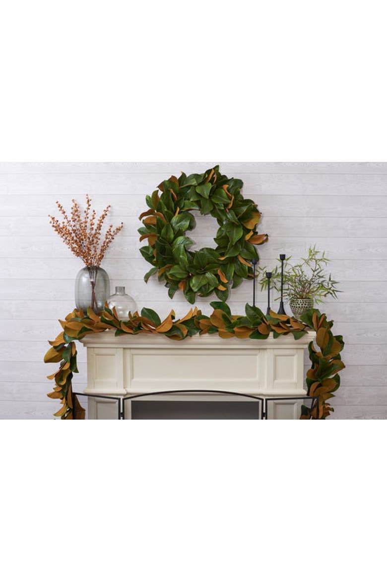 Real Touch Magnolia Leaf All Seasons Outdoor Hanging Front Door Garland, Alternate, color, Green