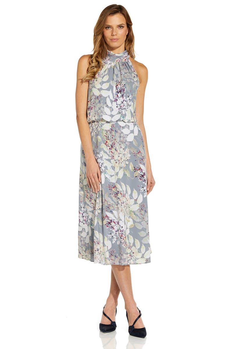 Adrianna Papell Watercolor Floral Halter Neck Chiffon Midi Dress, Alternate, color, 