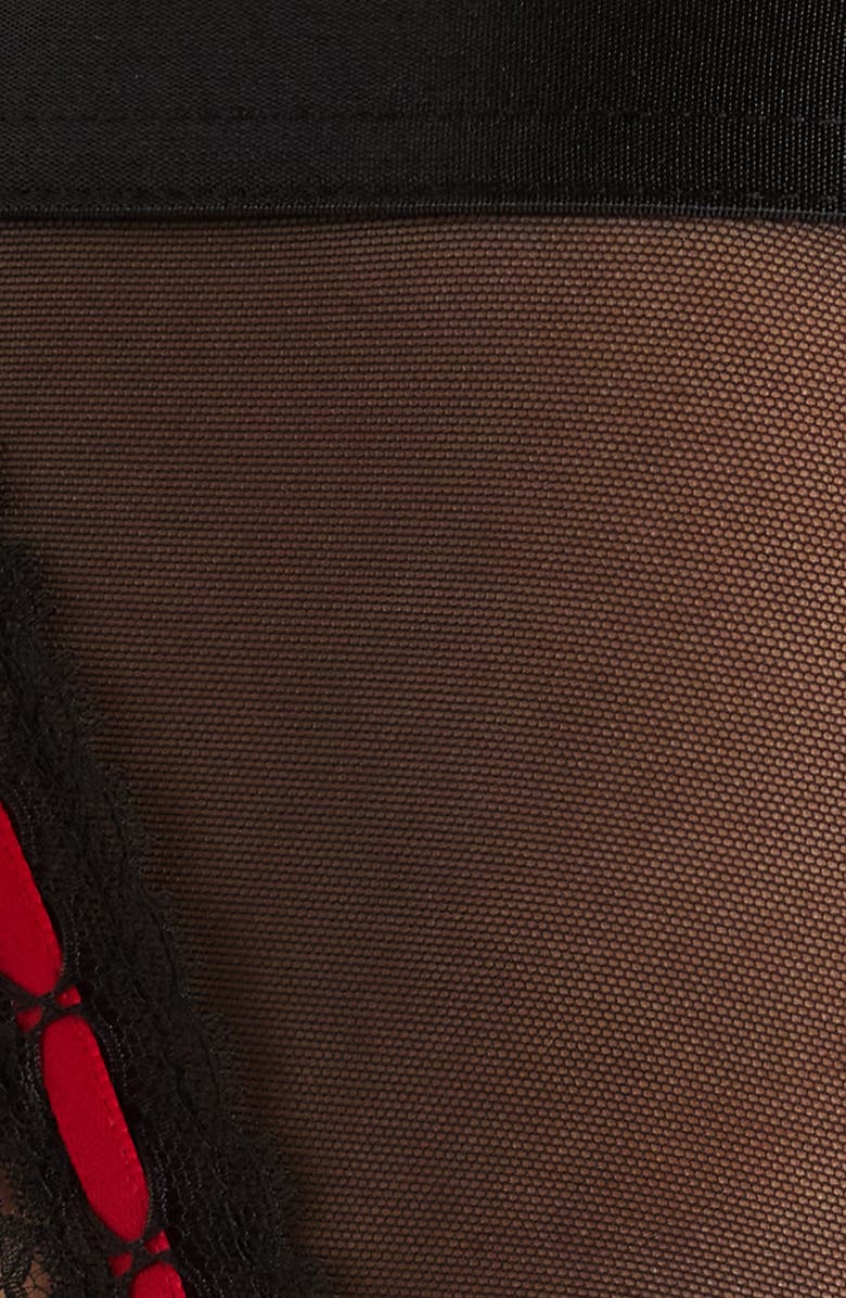 Coquette Lace Trim Mesh Underwire Bra, G-String & Garter Belt Set, Alternate, color, Black