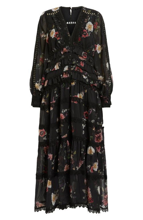 Allsaints Zora Floral Ruffle Midi Dress In Unity Black