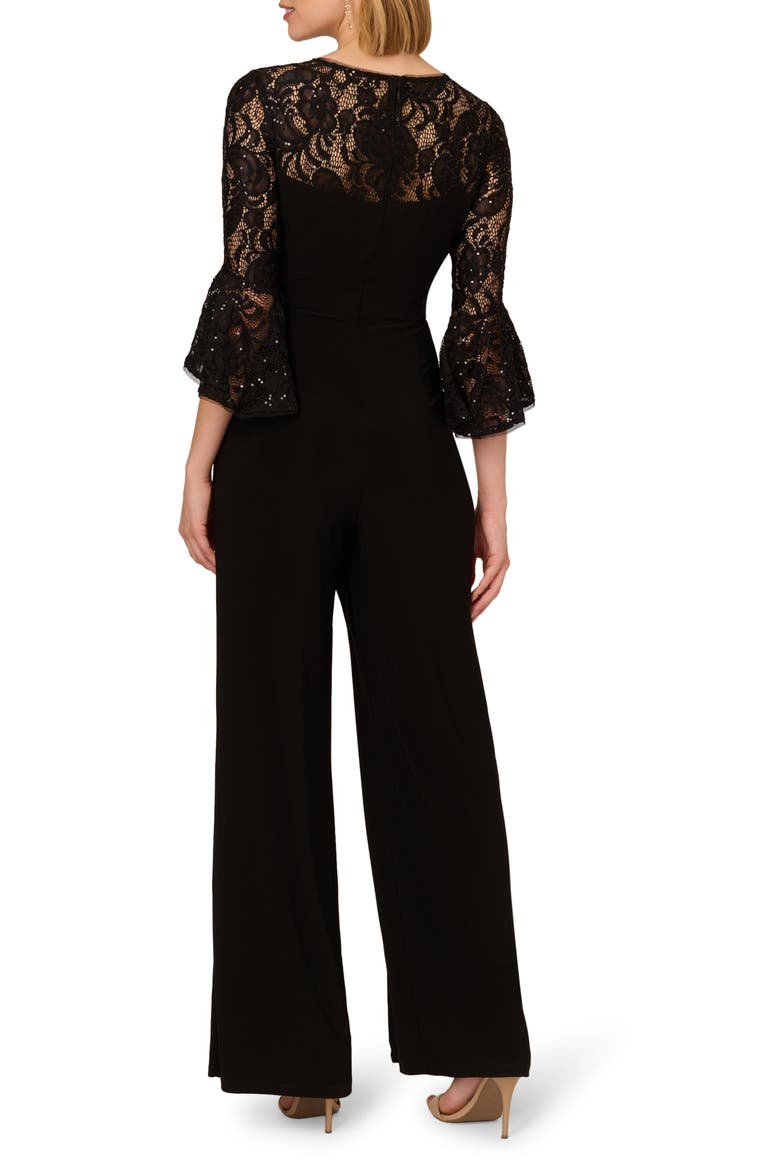Bell Sleeve Lace & Jersey Jumpsuit, Alternate, color, BLACK
