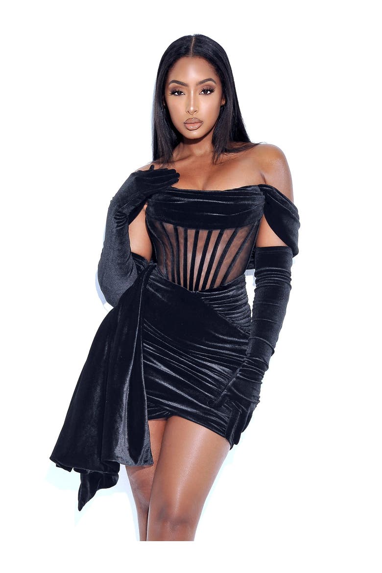 Irisa Draping Off Shoulder Corset Dress, Alternate, color, Black