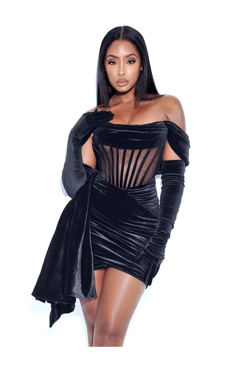Miss Circle Irisa Draping Off Shoulder Corset Dress, Alternate, color, Black