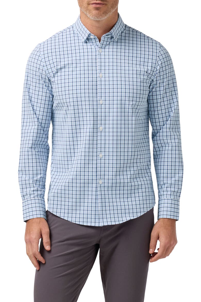 Leeward No Tuck Trim Fit Performance Button-Up Shirt, Main, color, CLOUD BLUE HUDSON PLAID