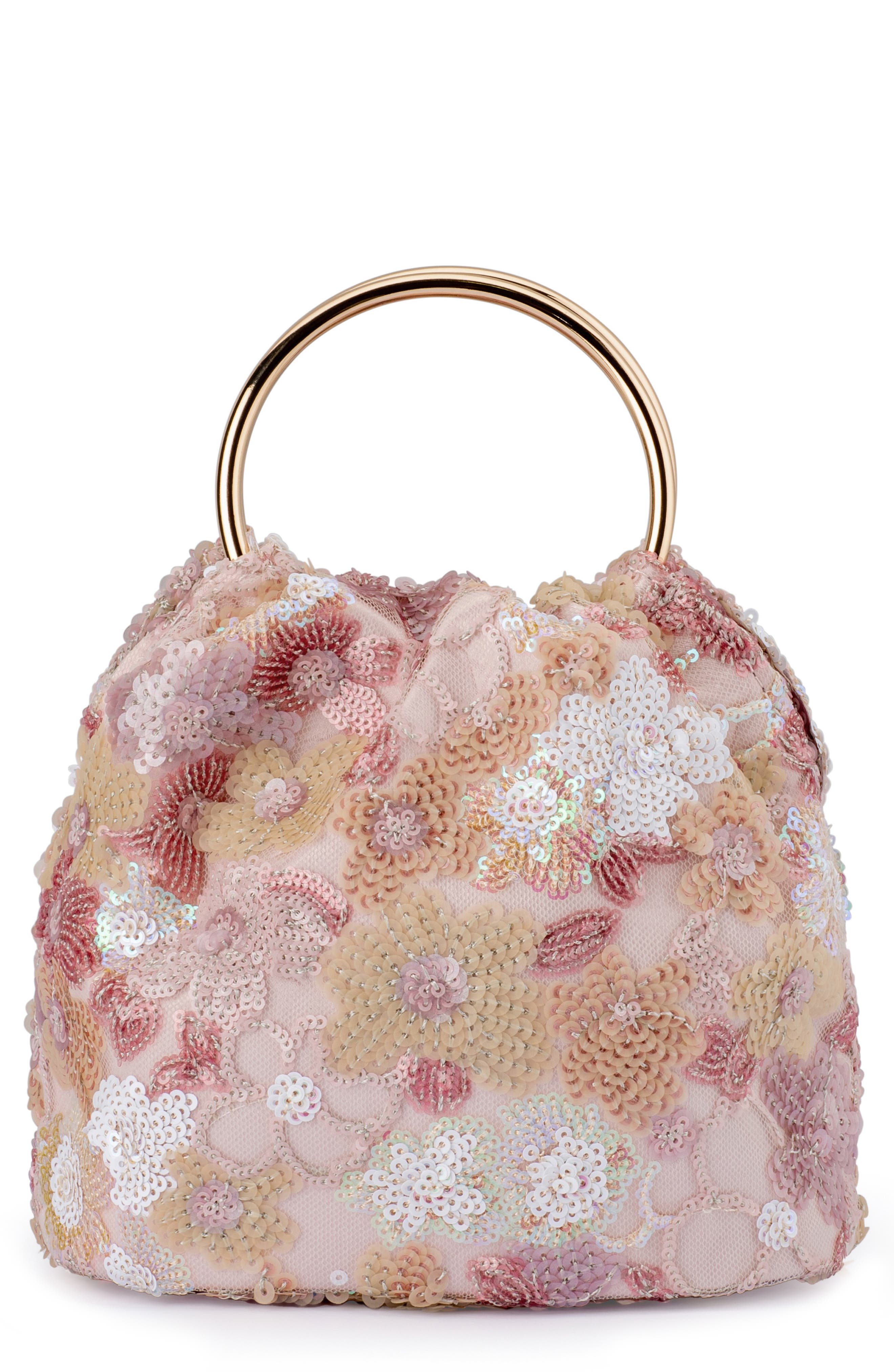 Olga Berg Alfie Floral Sequin Top Handle Bag, Main, color, Blush