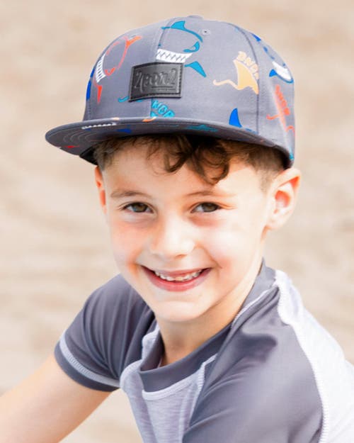 Deux Par Deux Baby Boy's Printed Cap Orange, Red, And Blue Sharks On Gray In Orange Red And Blue Sharks
