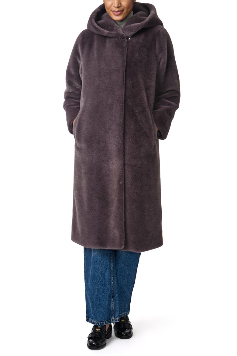 Shawl Collar Hoodded Faux Fur Coat, Alternate, color, GRAPHITE