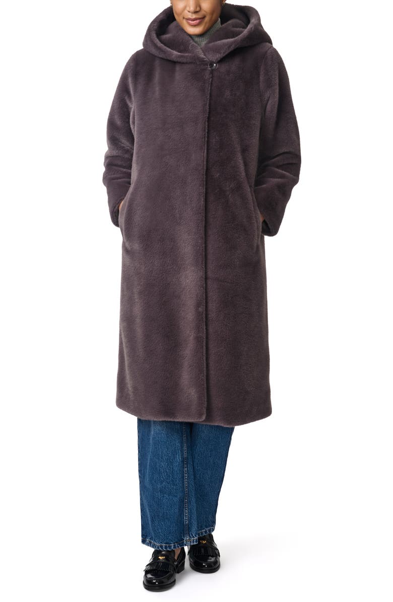 Bernardo Shawl Collar Hoodded Faux Fur Coat, Alternate, color,