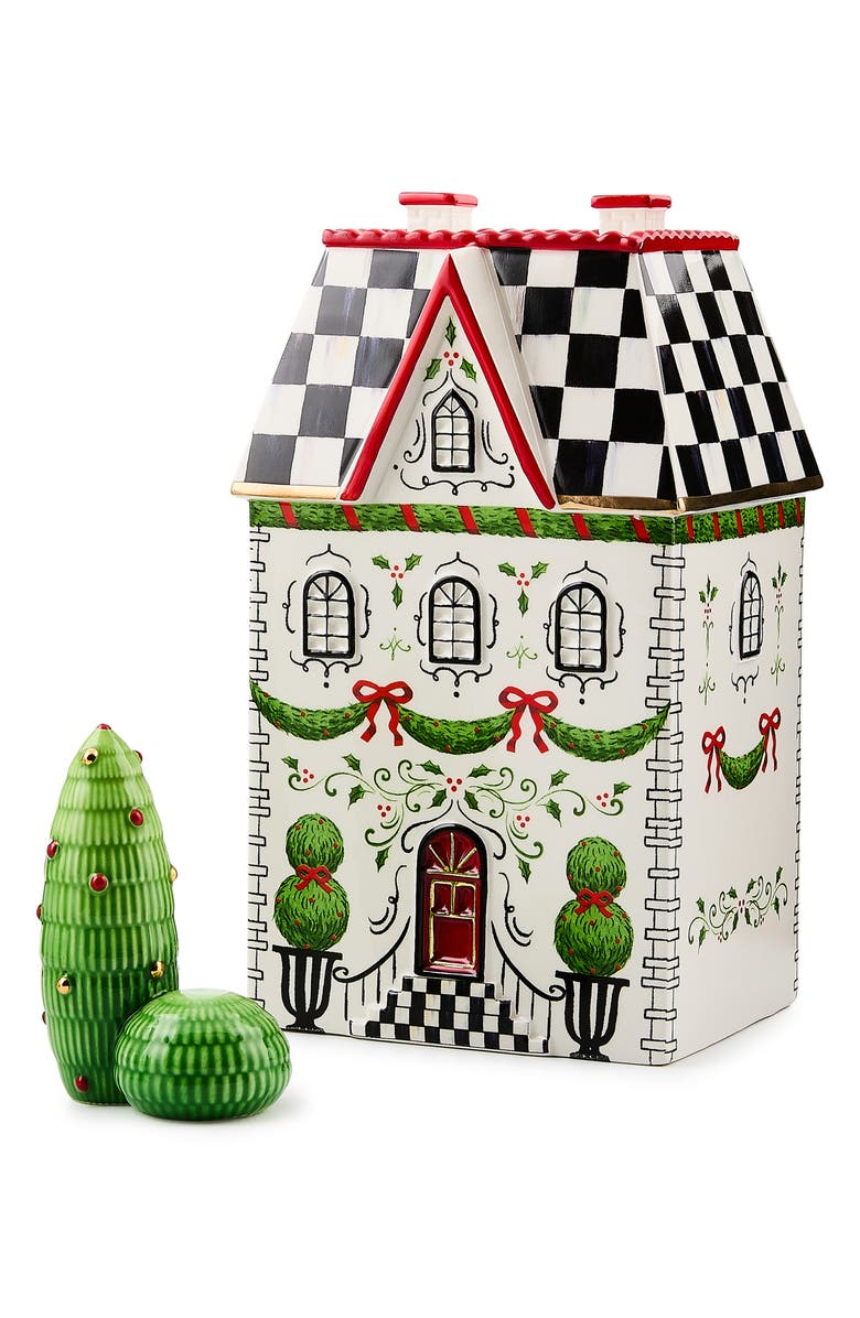MACKENZIE CHILDS Holly Village Illuminated Ceramic Gingerbread Cottage & Shrub, Alternate, color, White