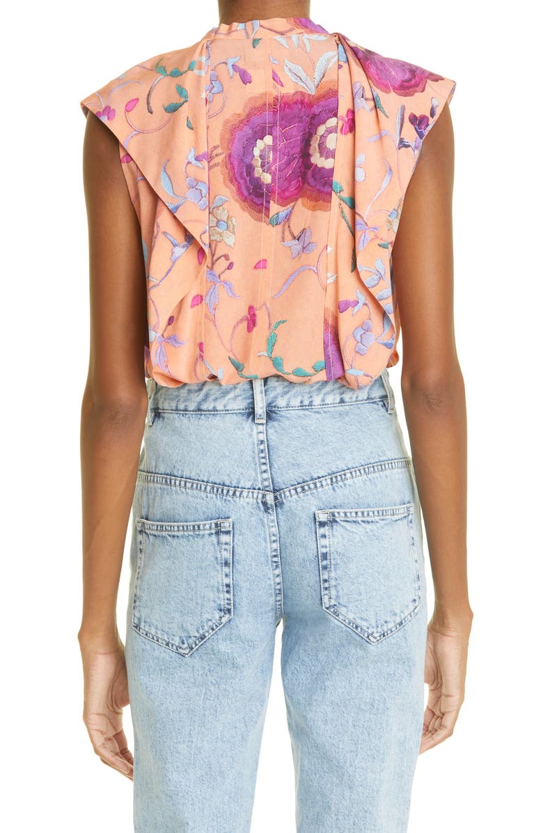 Isabel Marant Rishane Floral Print Ruffle Stretch Silk Blouse, Alternate, color, 