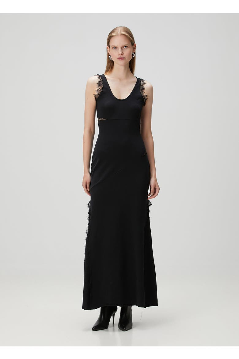 Cotton Long Fitted Black Dress With Straps, Alternate, color, BLACK