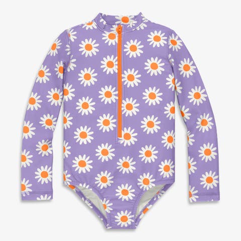 Kids Long Sleeve One-Piece Rash Guard In Daisies (Toddler, Little Kid, Big Kid)