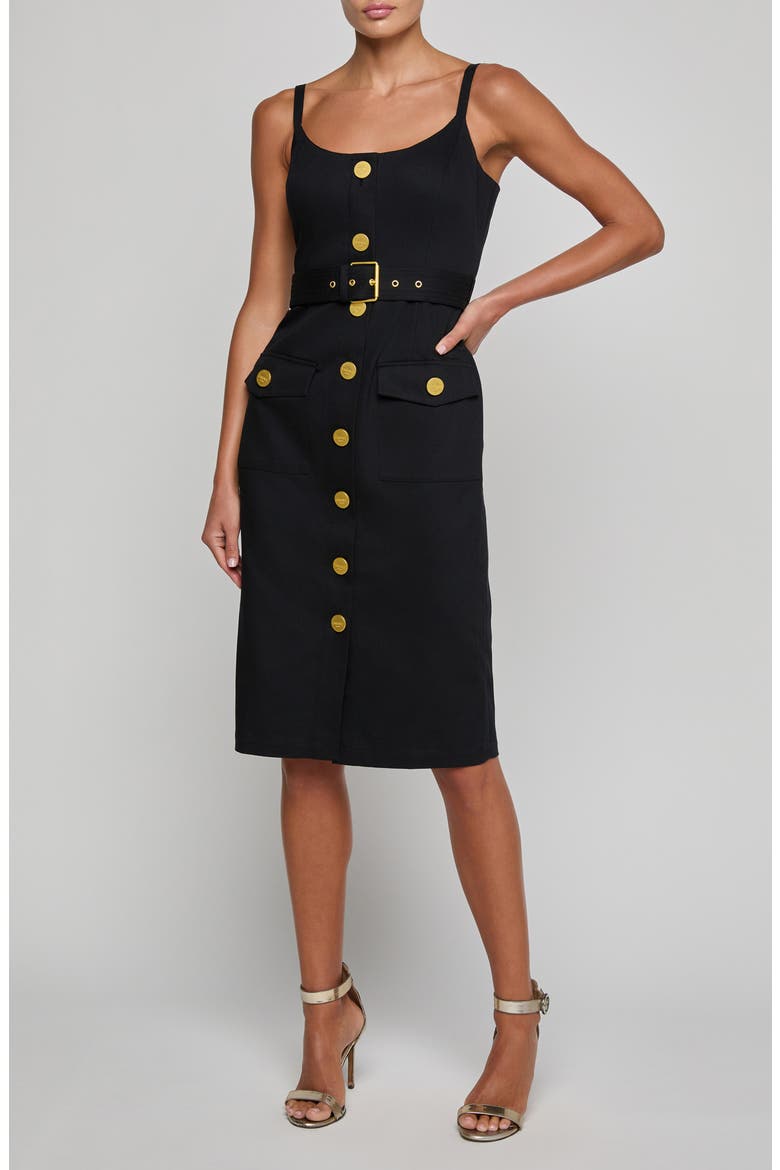 Ida Sleeveless Belted Stretch Cotton Dress, Main, color, BLACK