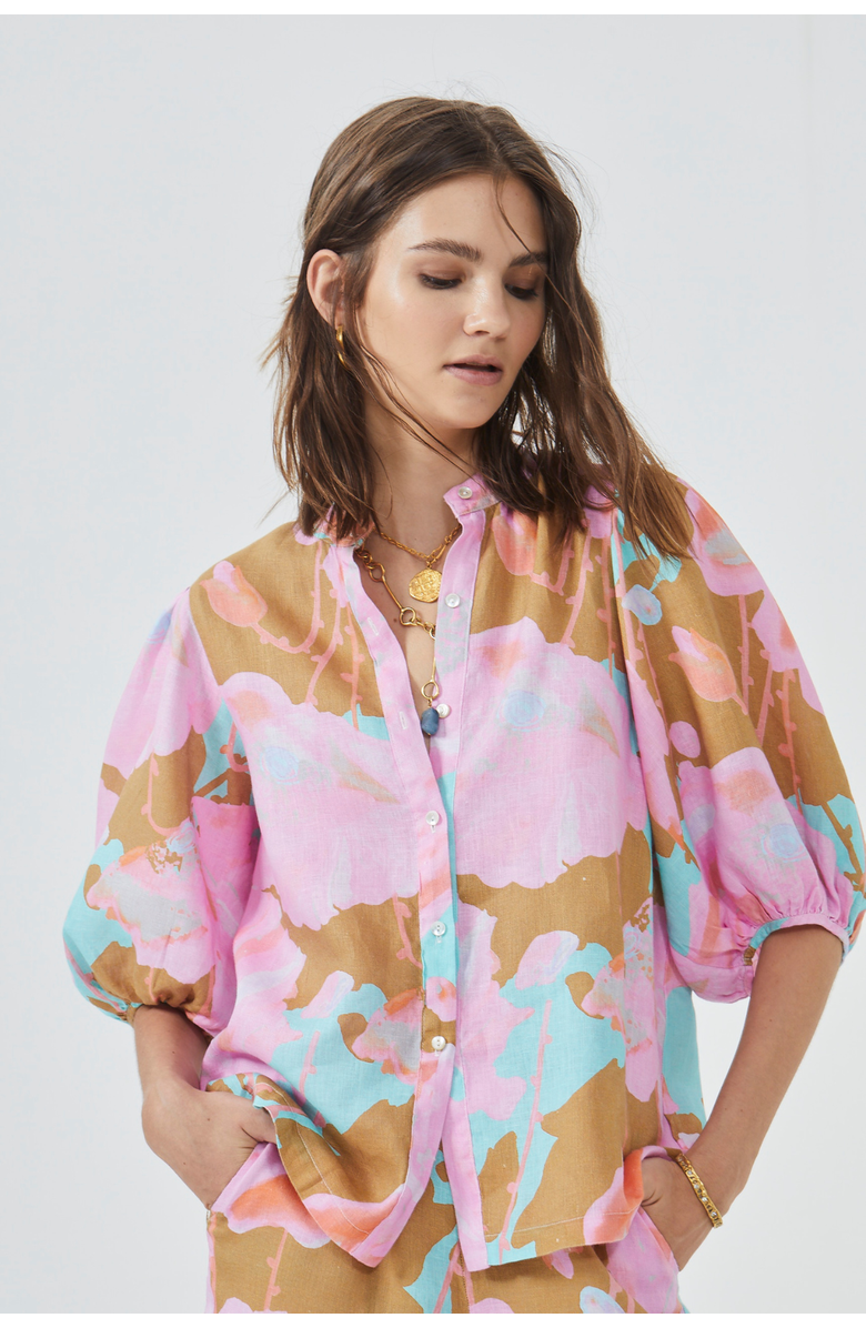 LANHTROPY Bubble Linen Shirt, Alternate, color, Aquarela