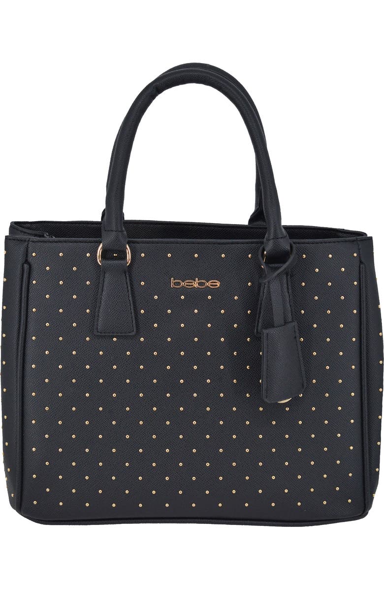 bebe Sagan Studded Satchel, Main, color, Black