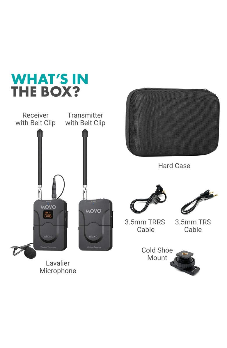 MOVO WMX-7 VHF 12-Channel Wireless Lavalier Microphone System Compatible with DSLR Cameras, Camcorders, Smartphones, Alternate, color, Black