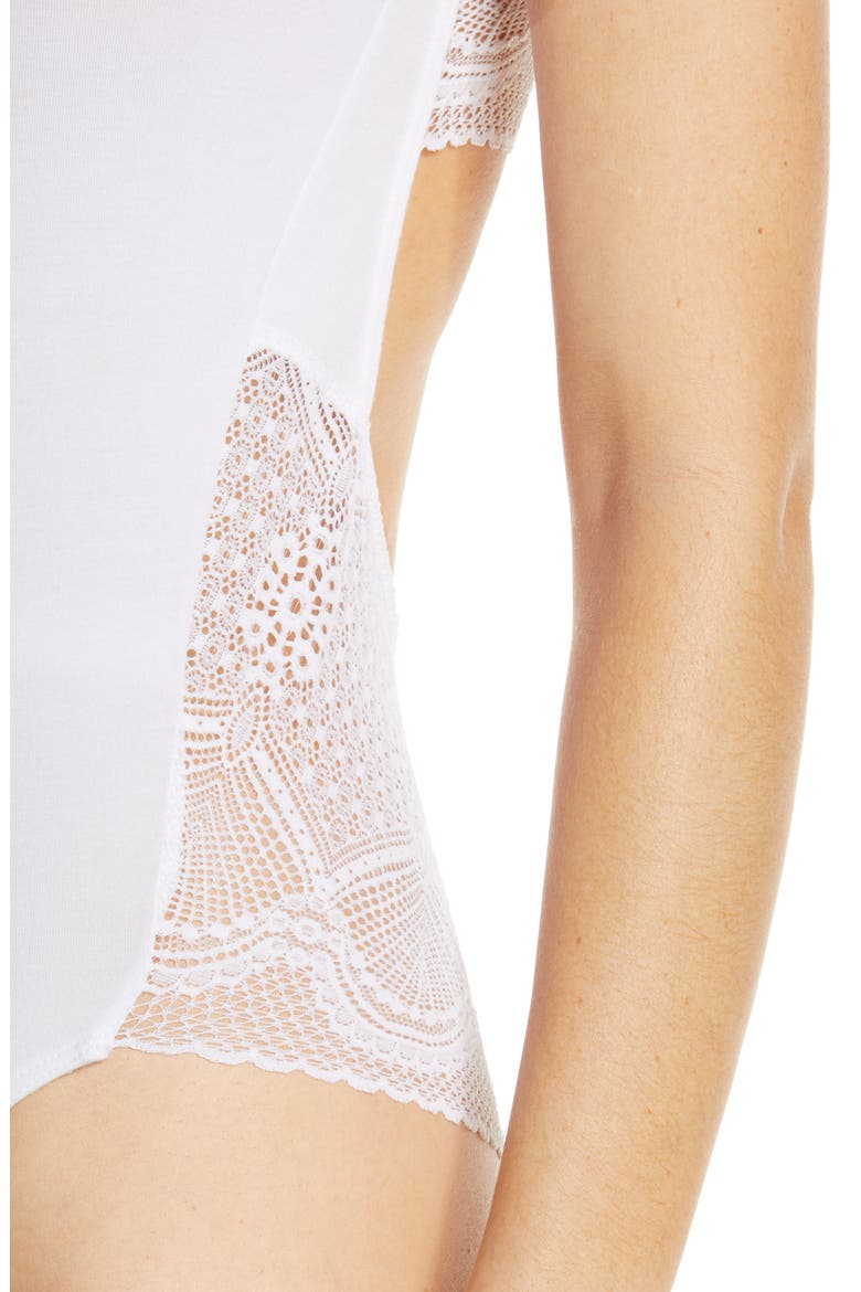 Lace Cutout Thong Bodysuit, Alternate, color, WHITE
