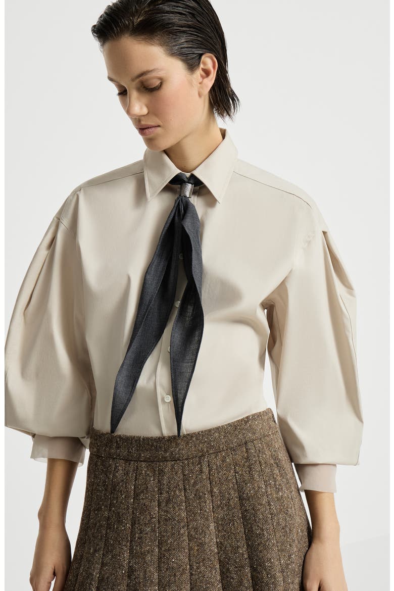 Stretch cotton poplin shirt with shiny silk cuffs, Alternate, color, Ivory