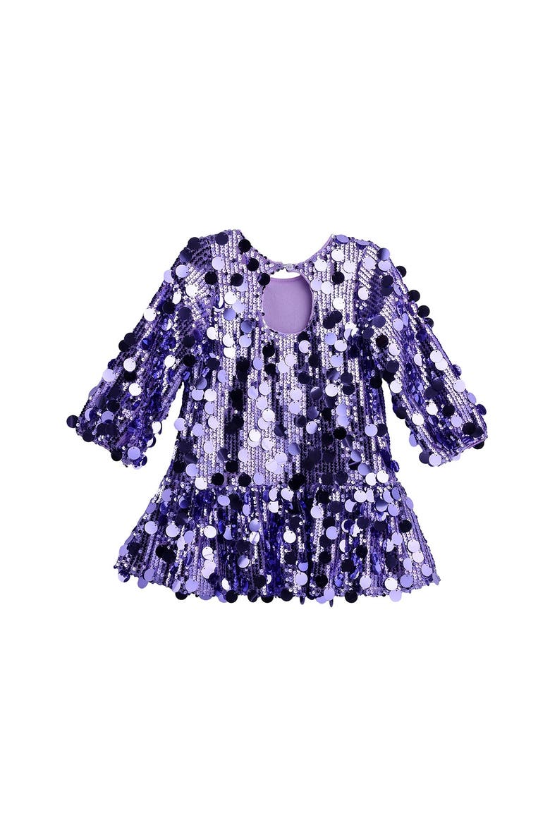 Shake it Off Bishop Sleeve Sequin Ruffle Hem Mini Dress, Alternate, color, Purple