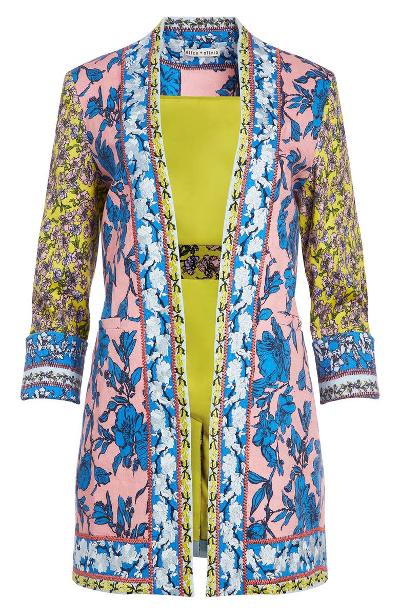 Alice + Olivia Simpson Embroidered Border Linen Blend Long Blazer, Alternate, color,
