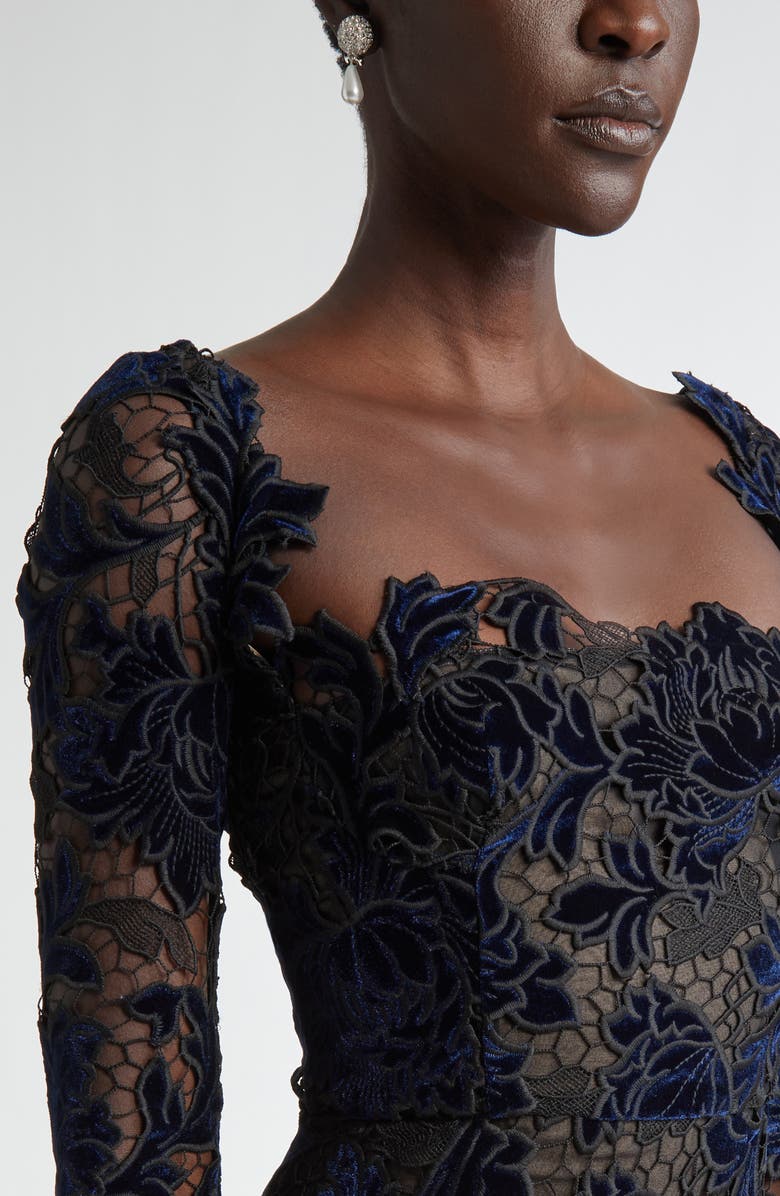 Oscar de la Renta Peony Velvet Guipure Lace Dress, Alternate, color, Navy