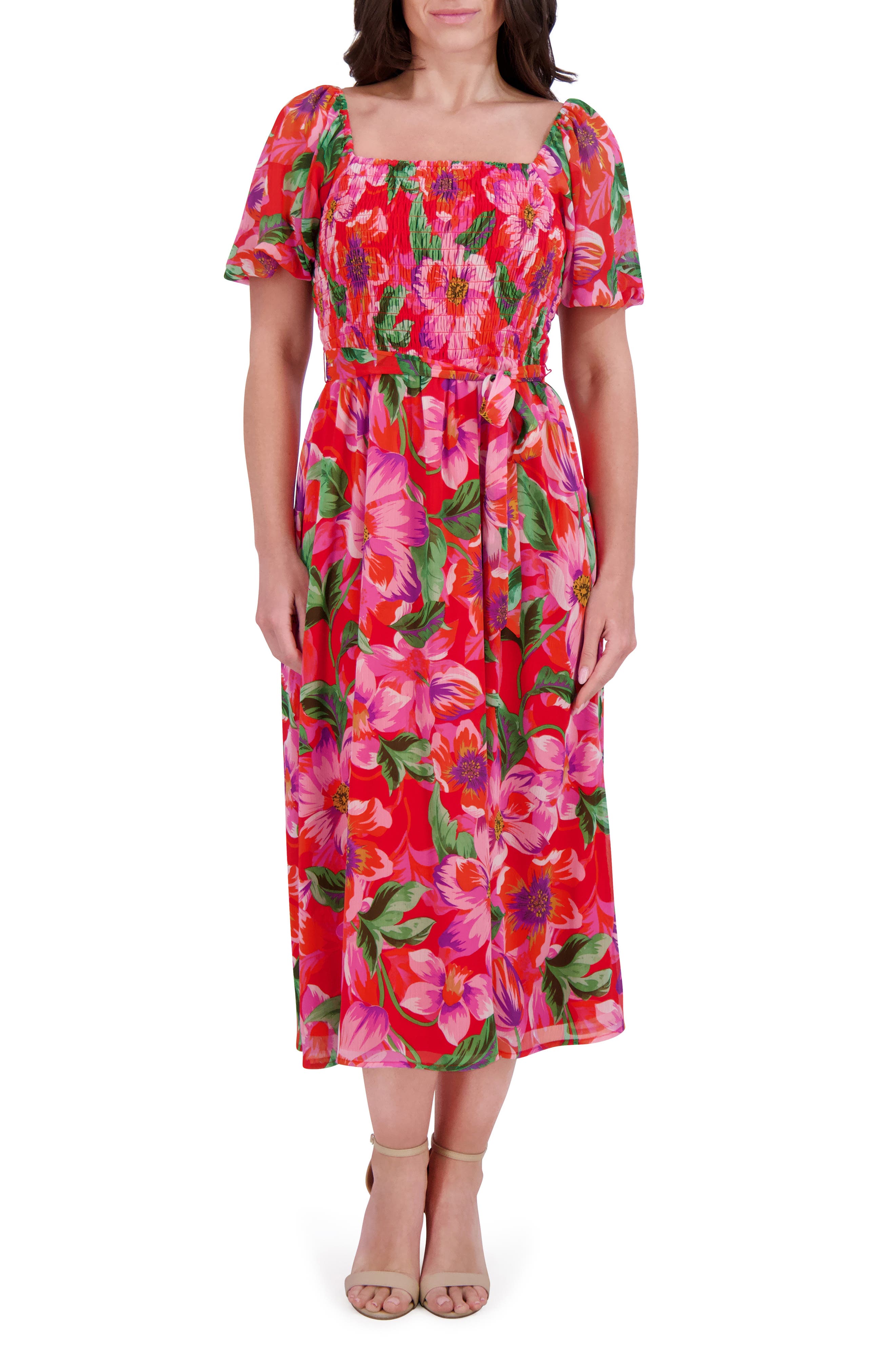Kensie Smocked Chiffon Midi Dress
