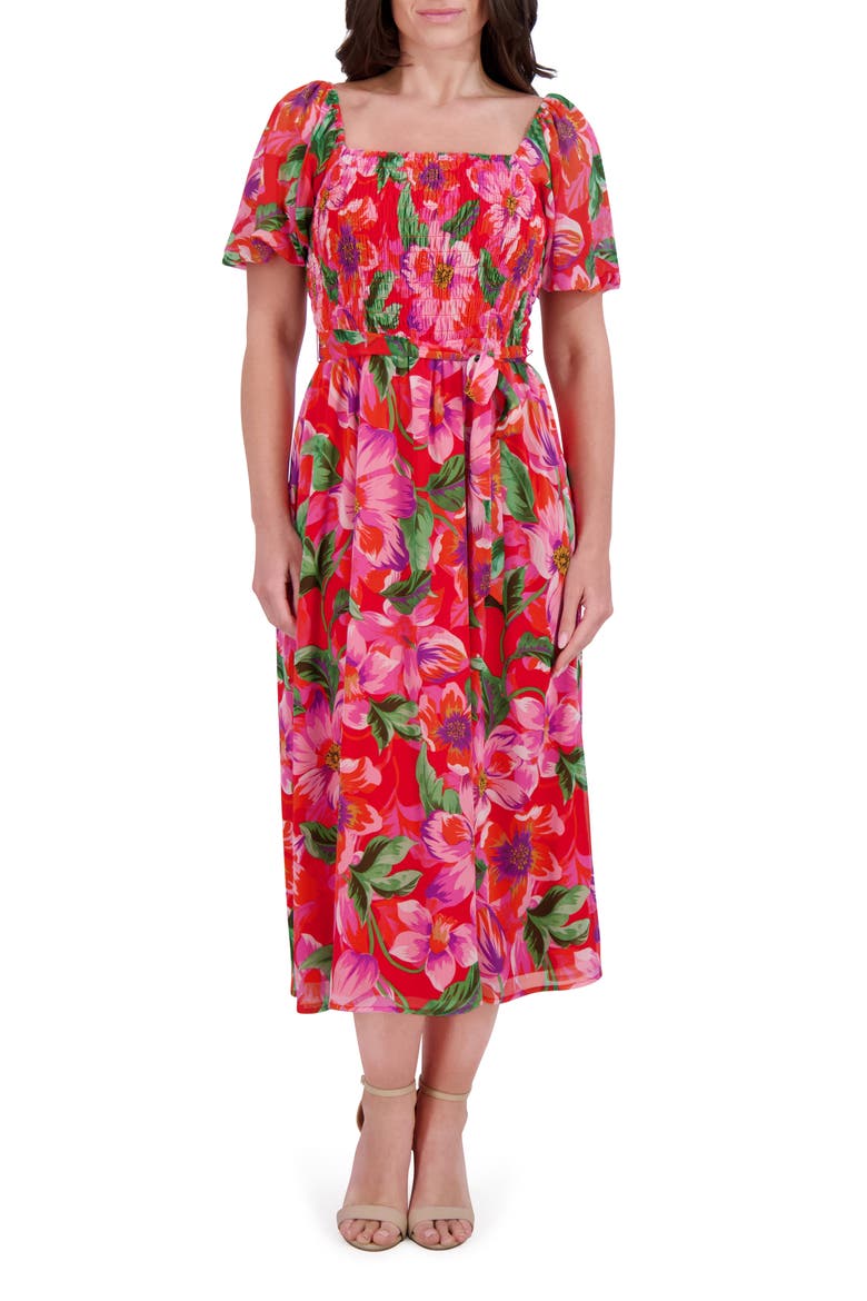 Smocked Chiffon Midi Dress, Main, color, RED MULTI