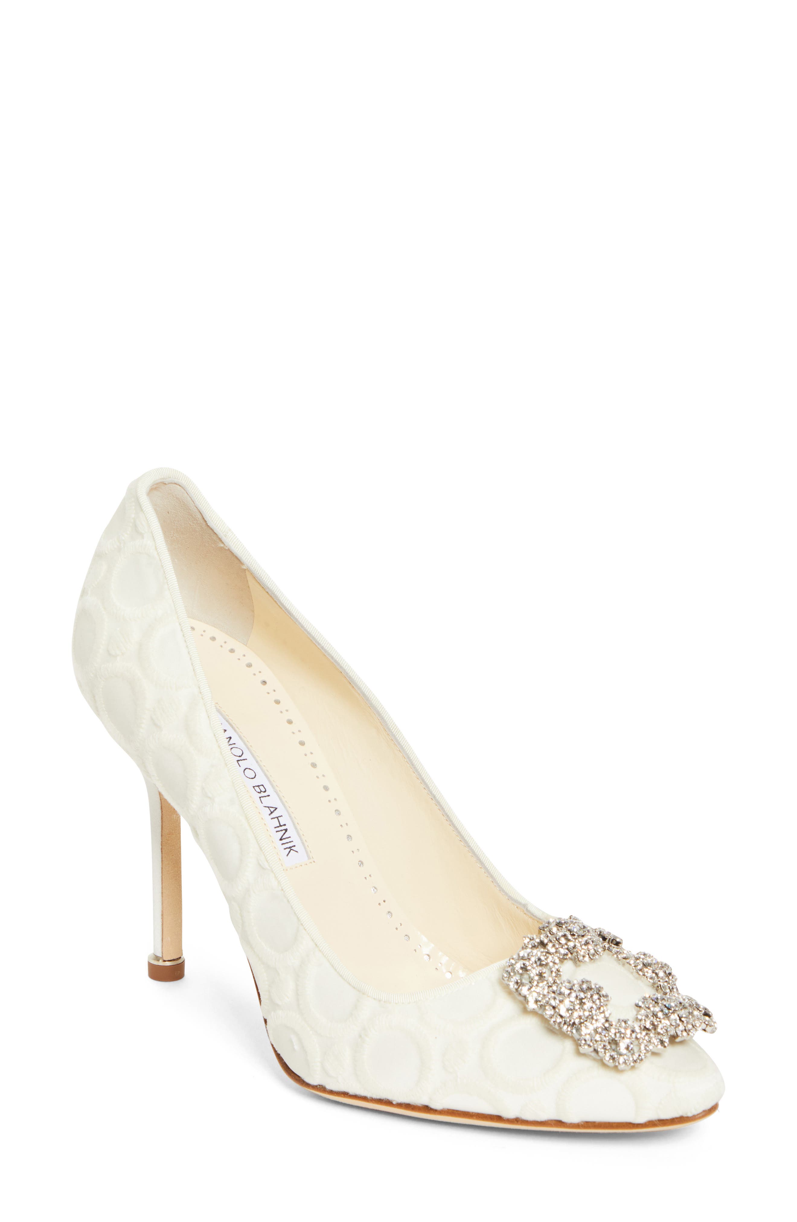 Manolo Blahnik Hangisi Crystal Buckle Pump, Main, color, Light Cream