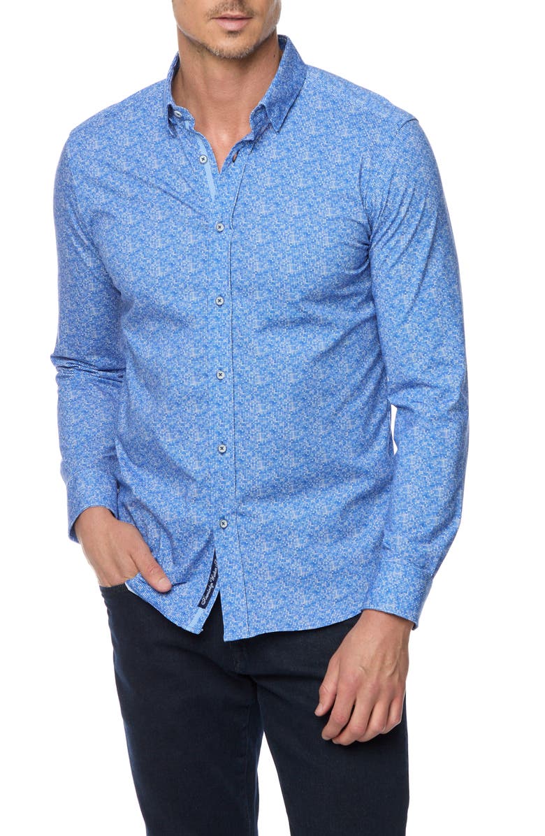 Robert Graham Boden Tailored Fit Check Cotton Knit Button-Up Shirt, Main, color, Blue
