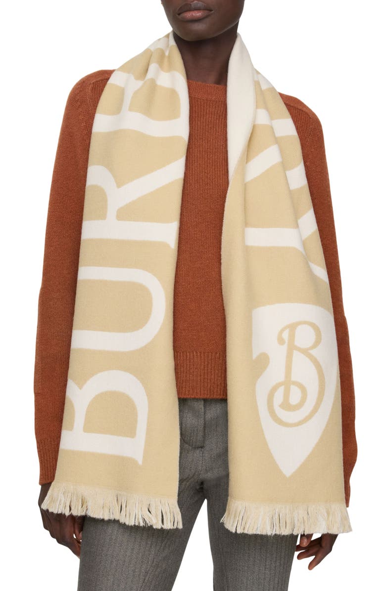 Burberry Reversible Logo Jacquard Wool Scarf, Alternate, color, Sand