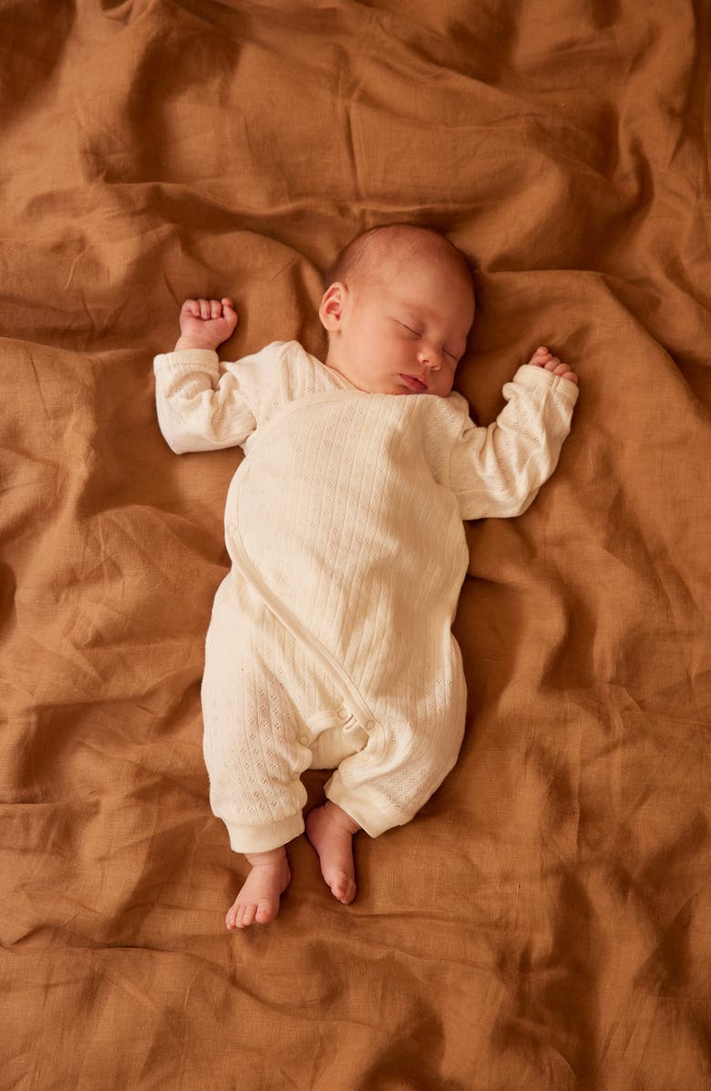 NATURE BABY Faux Wrap Pointelle Romper, Alternate, color, Natural