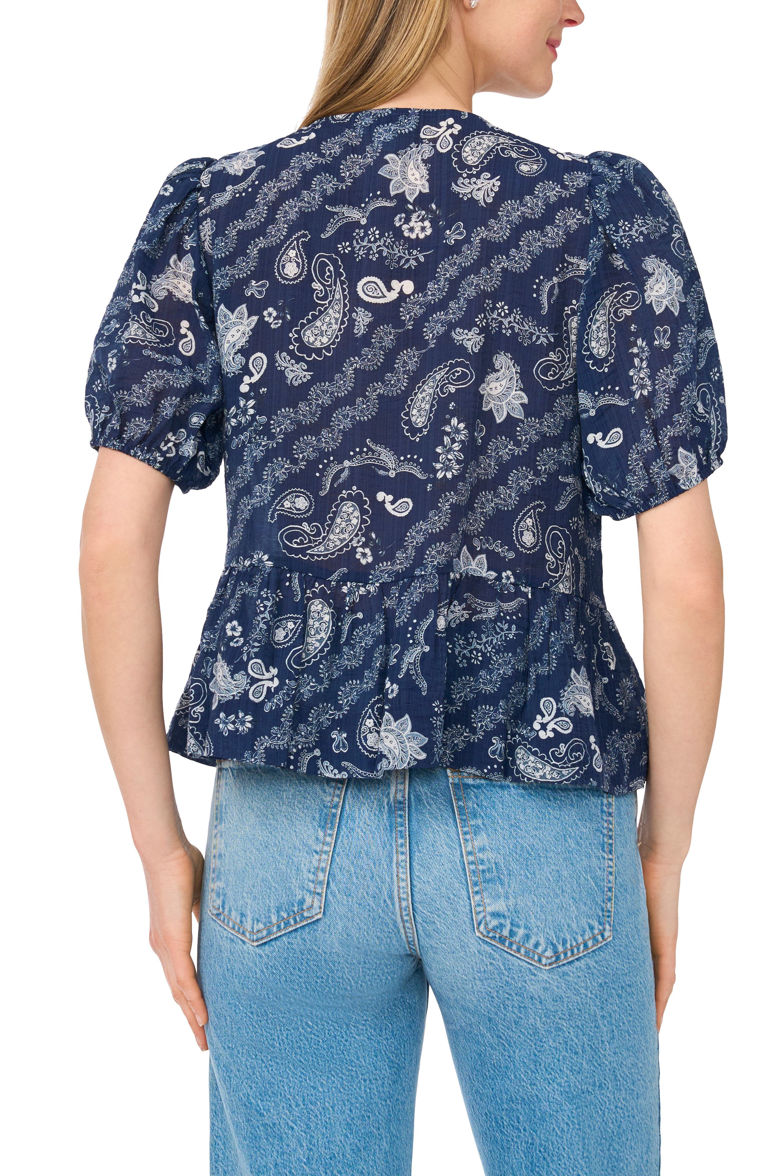 Paisley Puff Sleeve Peplum Top - image 2