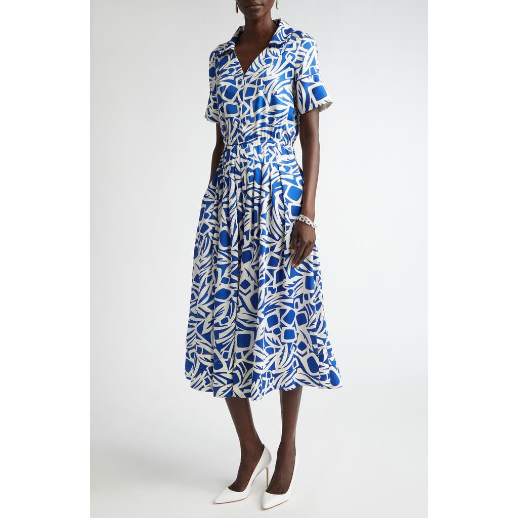 St John St. John Collection Vintage Botanical Cutout Short Sleeve Midi Dress In Blue