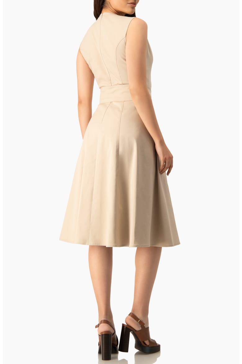 Sleeveless Belted Split Neck A-Line Midi Dress with Sash, Alternate, color, Beige