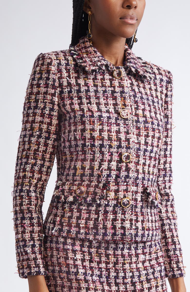 ST. JOHN Fringe Houndstooth Tweed Jacket, Alternate, color, Bordeaux Ecru Multi
