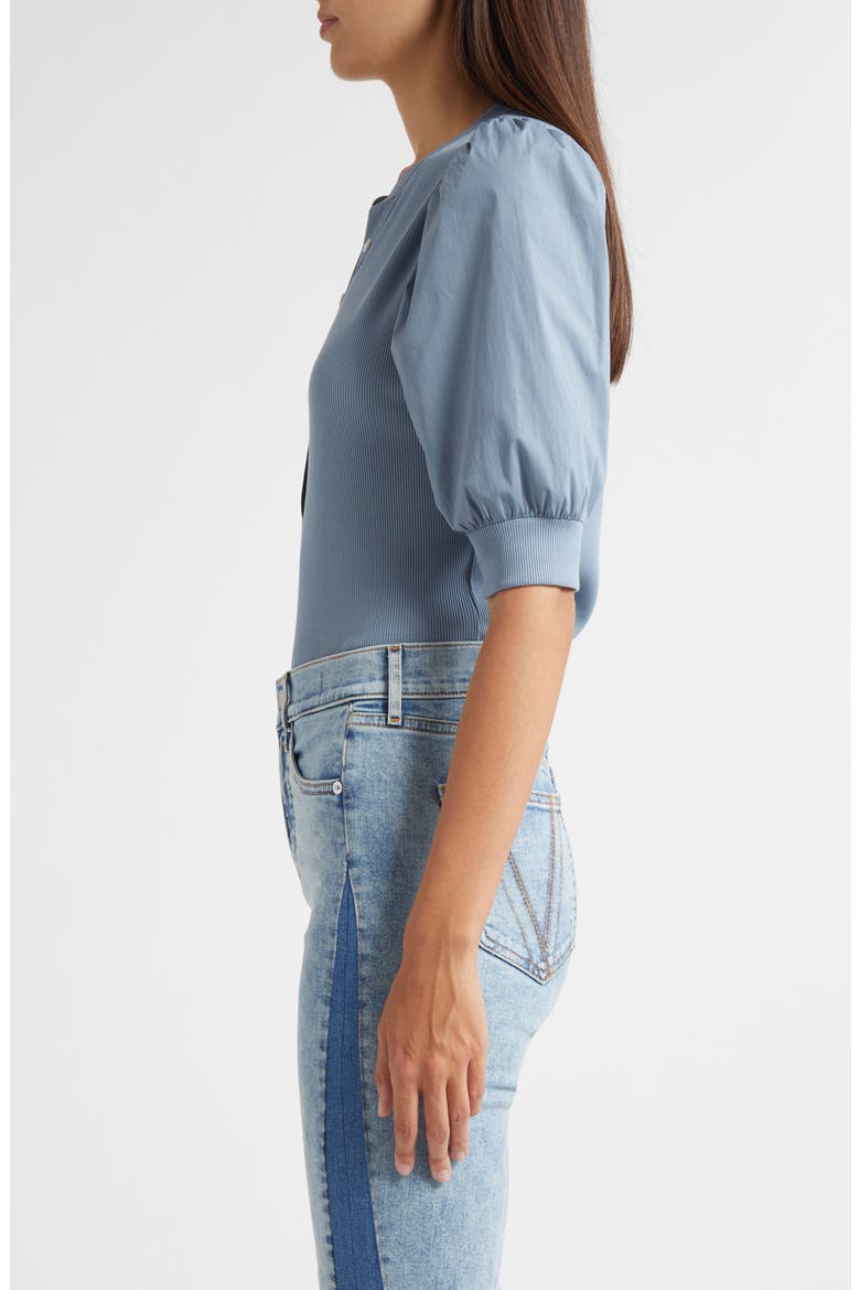 Coralee Puff Sleeve Mixed Media Henley Top, Alternate, color, LAKE MIST