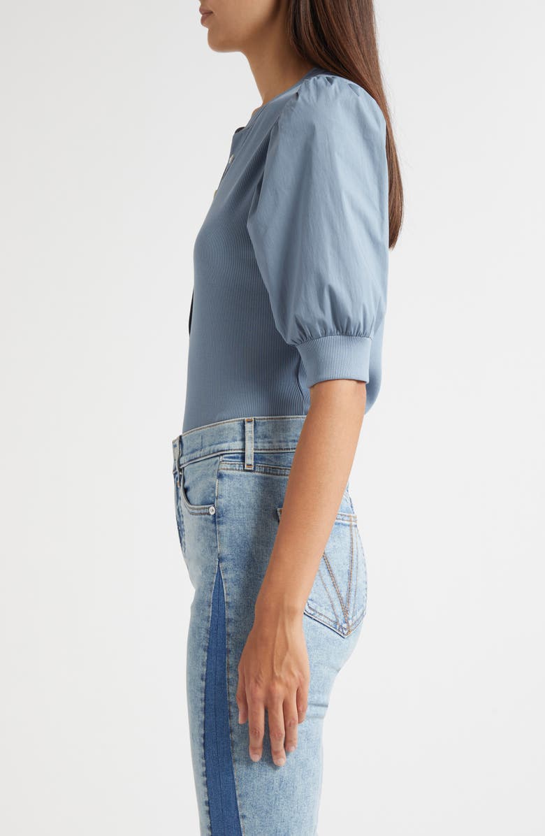 Veronica Beard Coralee Puff Sleeve Mixed Media Henley Top, Alternate, color, Lake Mist