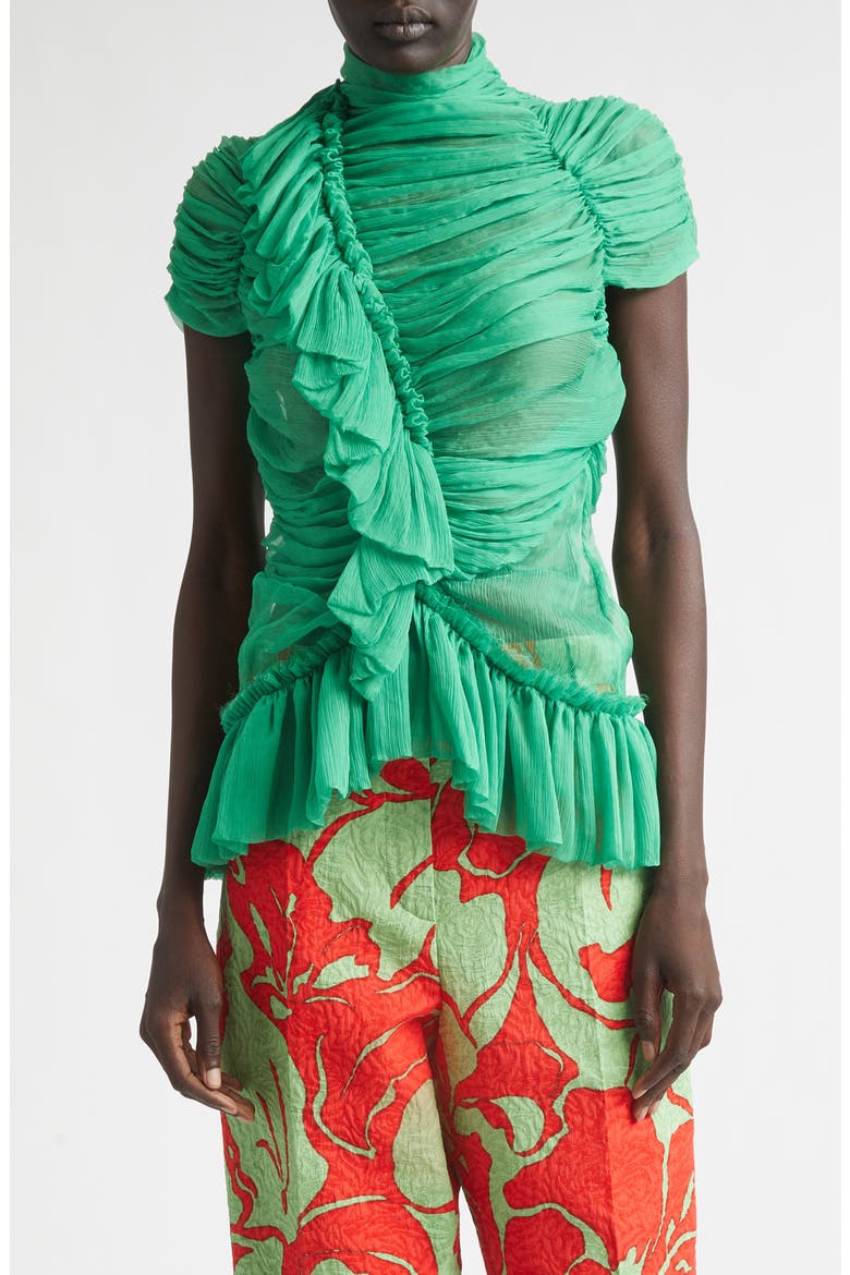 Washed Mousseline Silk Ruffle Top, Main, color, GREEN