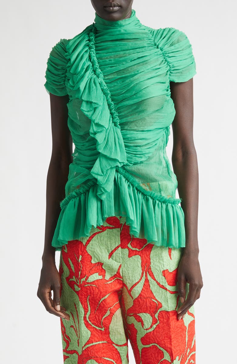 Dries Van Noten Washed Mousseline Silk Ruffle Top, Main, color, Green