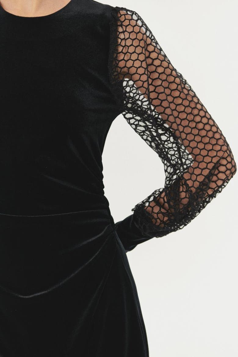Stretch Lace Sleeve Midi Velvet Dress, Alternate, color, BLACK