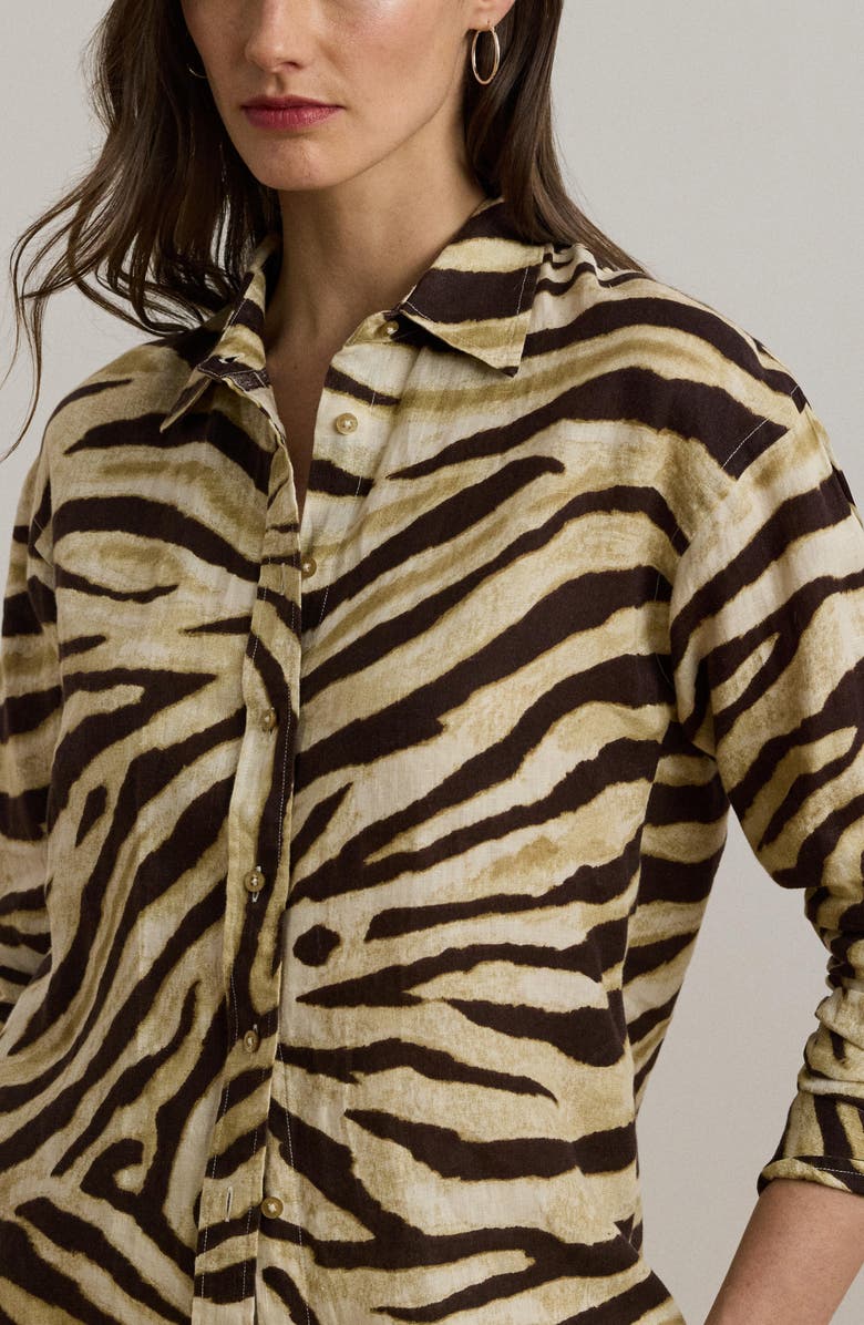 Lauren Ralph Lauren Zebra Stripe Relaxed Fit Linen Button-Up Shirt, Alternate, color, Cream/ Brown