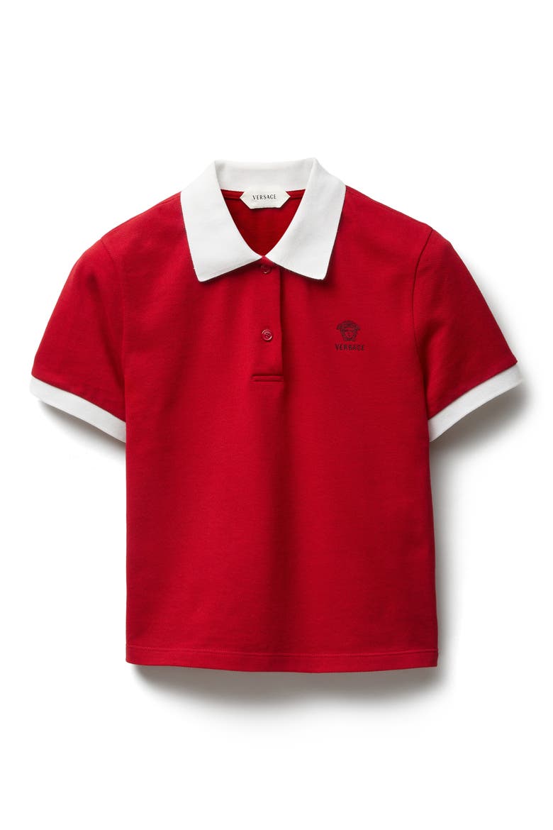 Gender Inclusive Embroidered Medusa Cotton Piqué Polo, Alternate, color, LIPSTICK RED WHITE