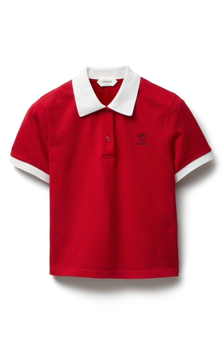 Versace Gender Inclusive Embroidered Medusa Cotton Piqué Polo, Alternate, color, Lipstick Red White