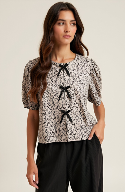 Modenaire Floral Puff-sleeve Crewneck Velvet Bow-accented Blouse In Gray