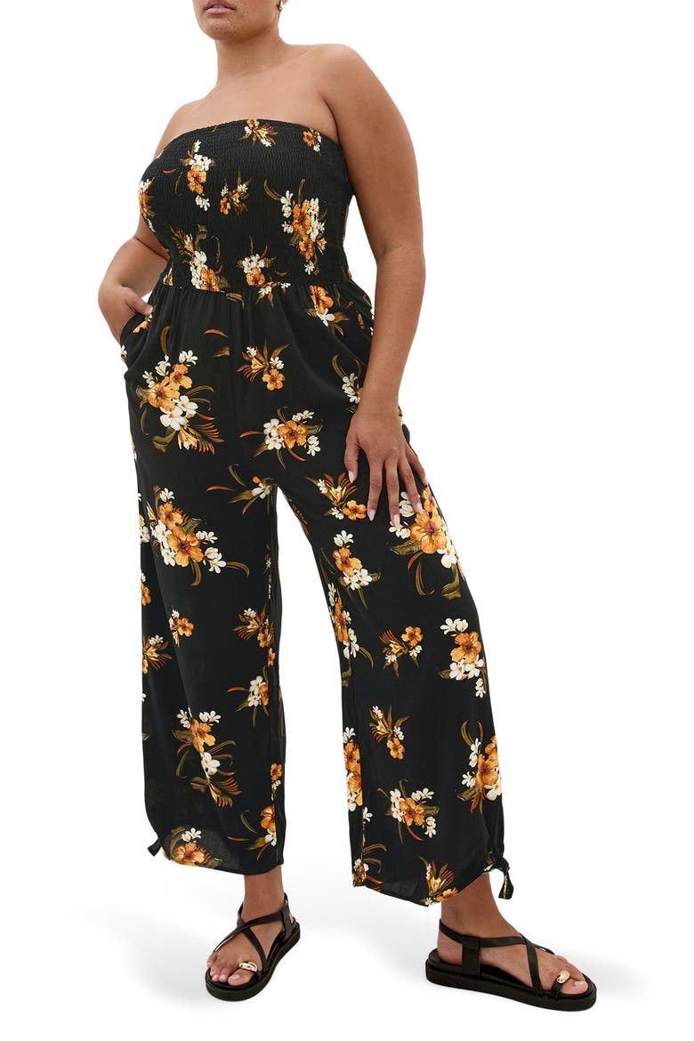 Aruba Floral Strapless Jumpsuit, Main, color, BLACK PRINT