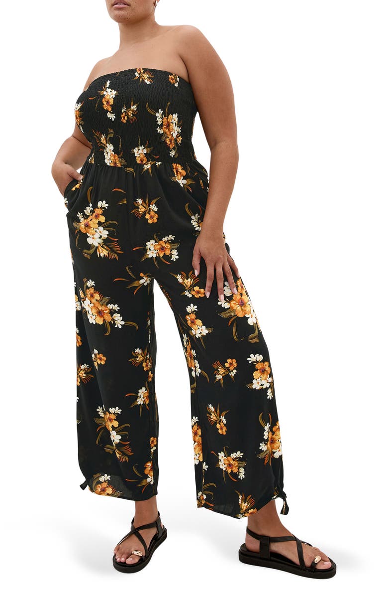 City Chic Aruba Floral Strapless Jumpsuit, Main, color, Black Print