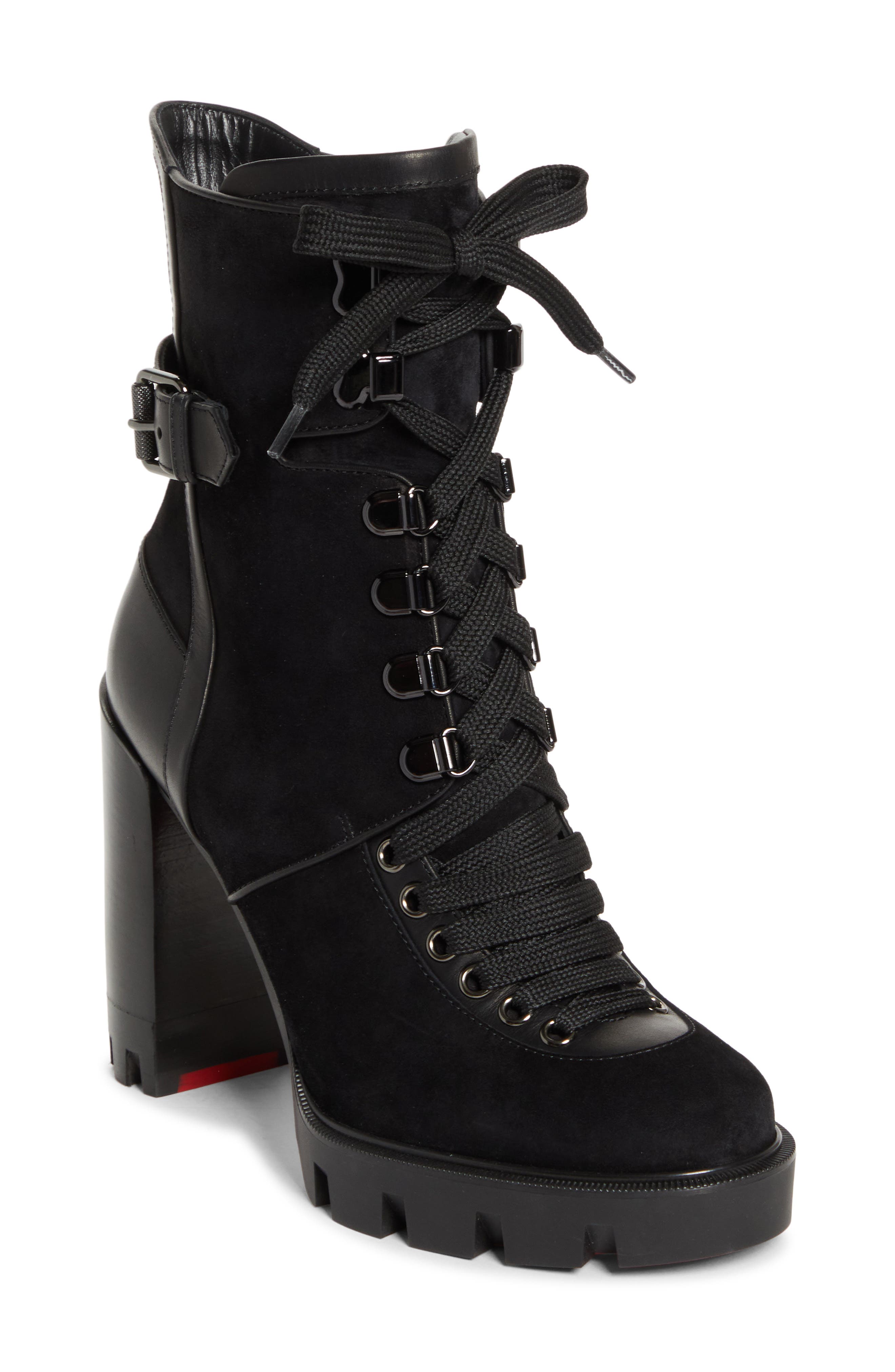 Christian Louboutin Macademia Combat Boot, Main, color, Black/ Black Lucido