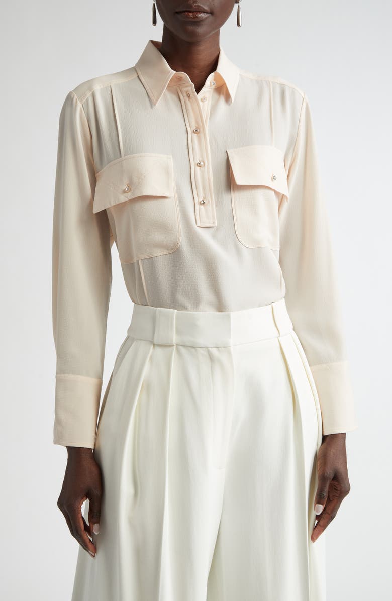 ST. JOHN Crystal Button Pintuck Crepe Button-Up Shirt, Main, color, Pink Blush