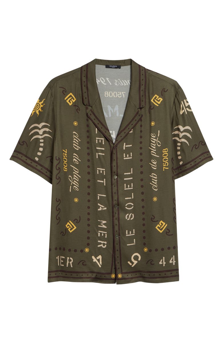 Balmain Club 45 Print Short Sleeve Button-Up Pajama Shirt, Main, color, Uix Khaki/ Multi
